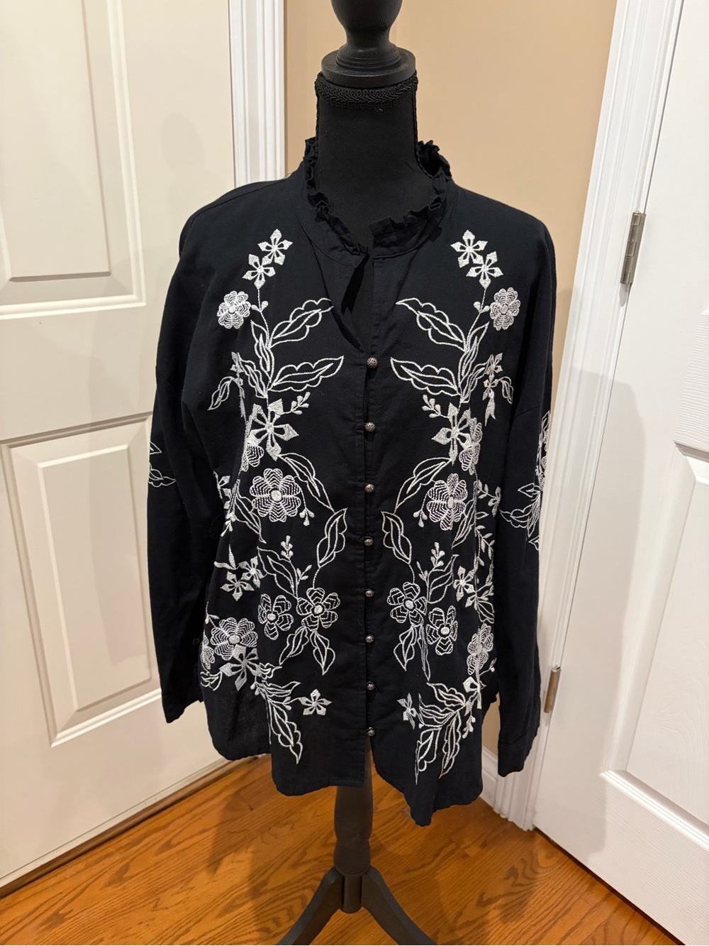 Calypso St. Barth Black Button-Front Top with White Floral Embroidery